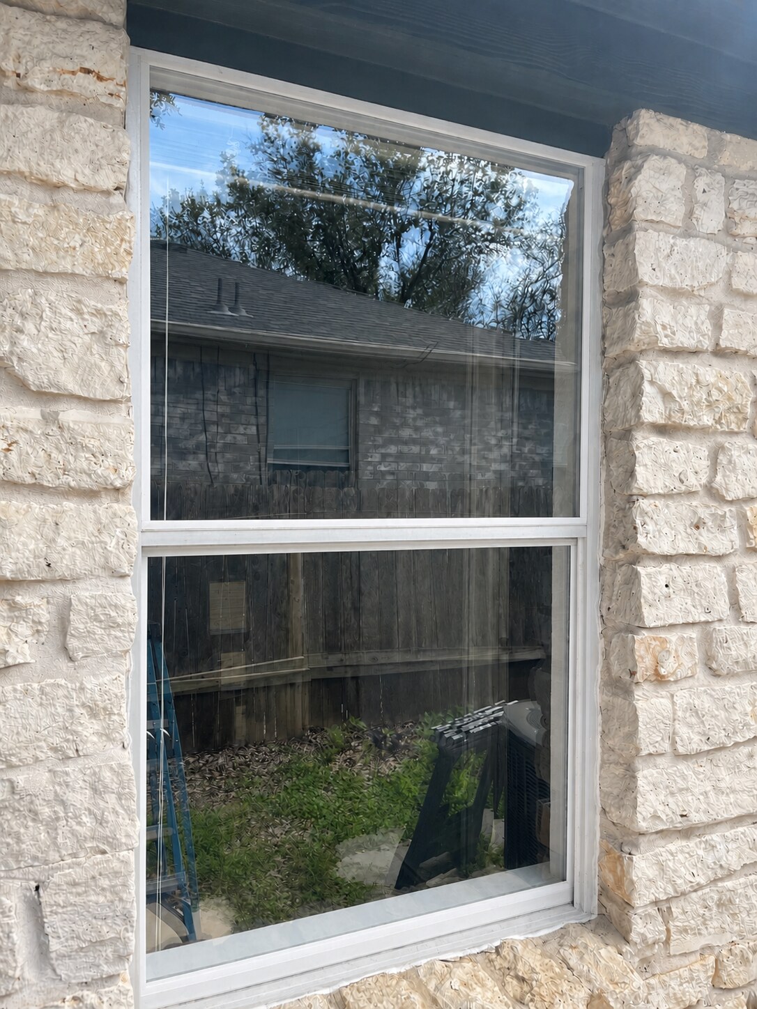 Clear repaired window with a clean white frame reflecting trees