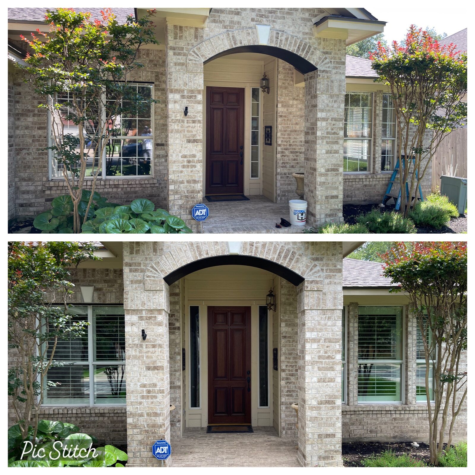Before and after exterior view of multiple residential windows following glass replacement
