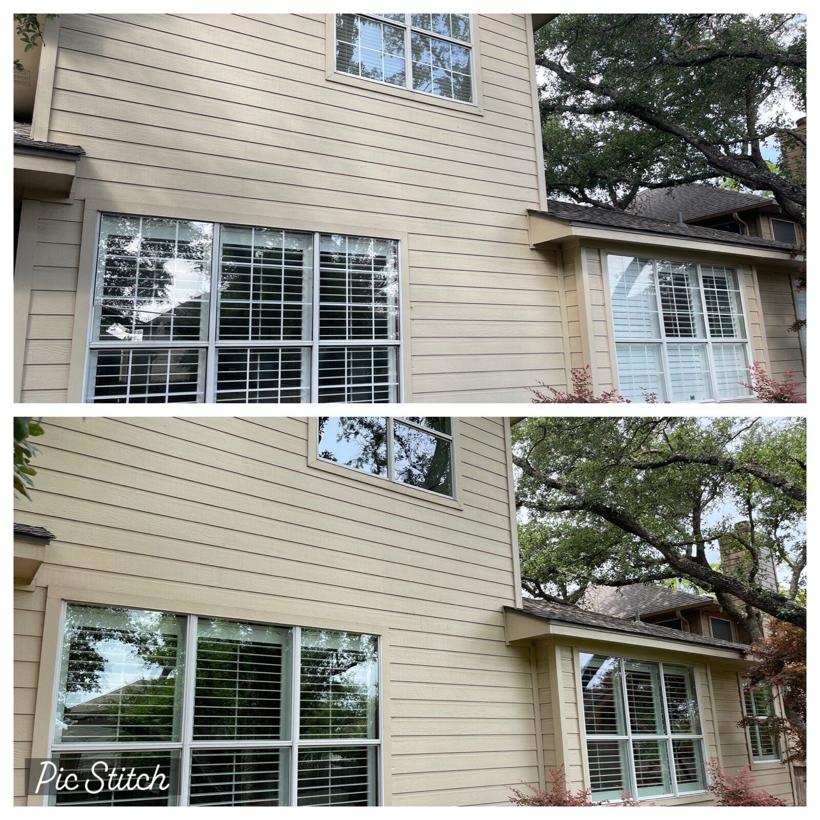 Before and after exterior view of several residential windows following glass replacement